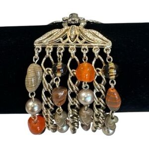 VTG Coro Art Glass Beaded Faux Pearl Gold Tone 7 Strand Fold Over Clasp Bracelet